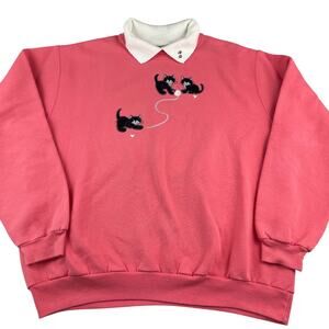 Vintage 90s Top Stitch Coral Pink Collared Grandma Sweatshirt with Cats, Size L